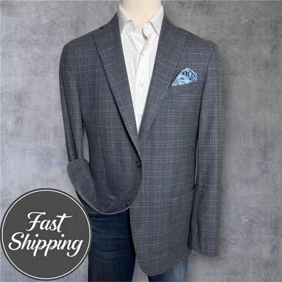JOS A BANK Slim fit Mens Blazer Sport Coat Two Button Jacket 44L Blue/Gray Wool - Picture 1 of 14